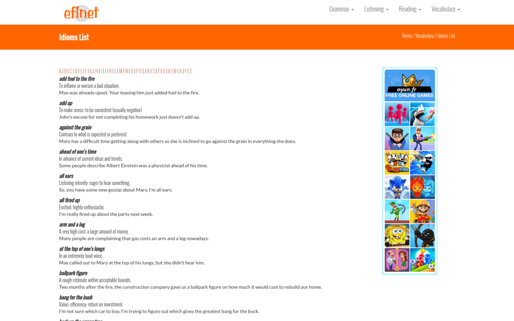 Visit website for EFLnet: Idioms List