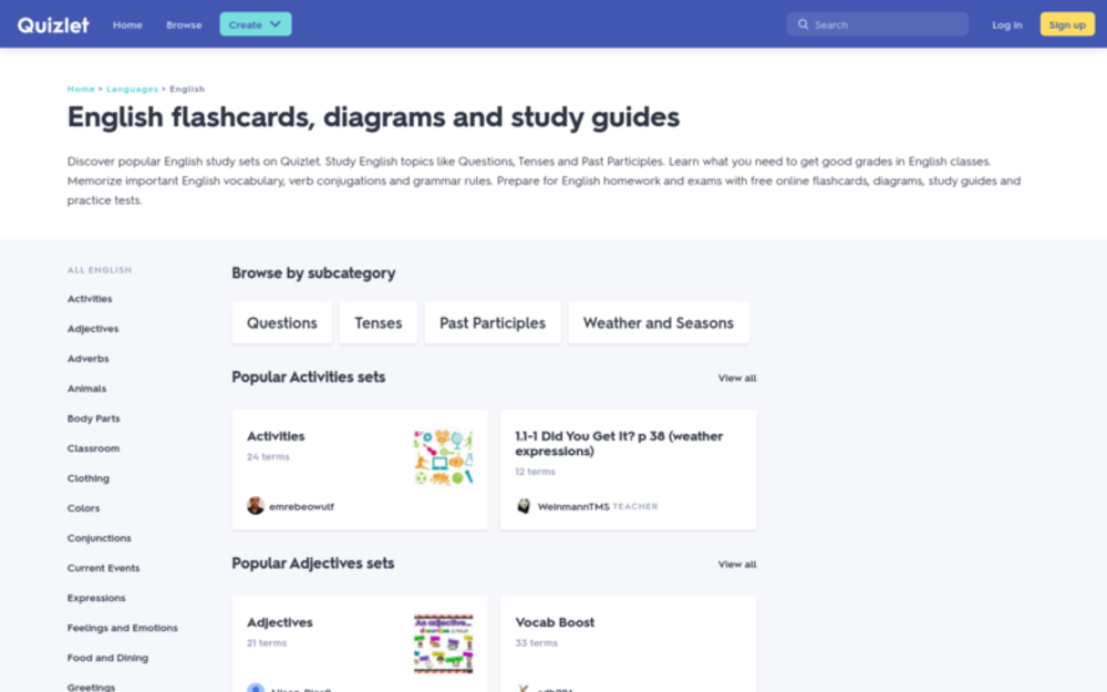 Visit website for Quizlet - English Flashcards and Activities