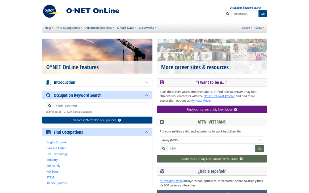 Visit website for O*Net Occupation Search and Profiler