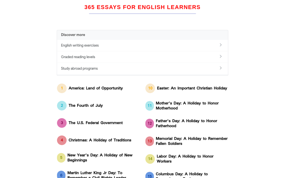 Visit website for 365 Essays for English Learners